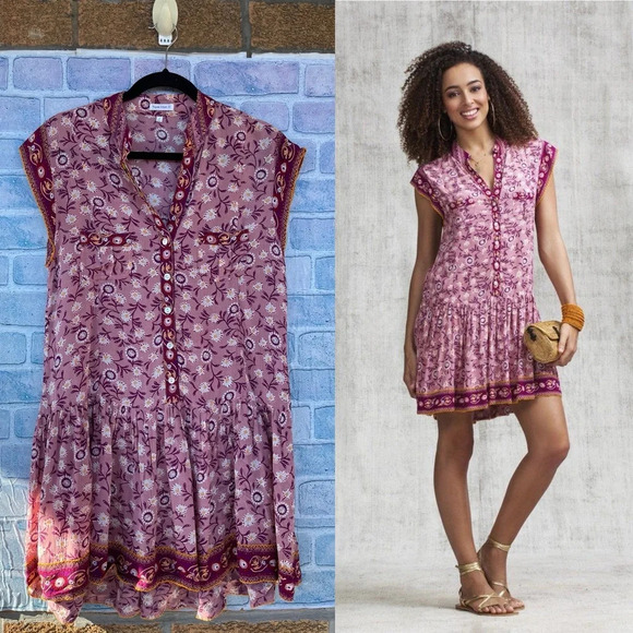 Poupette St.Barth Amora Drop Waist Mini Dress in pink/Purple Margot small - Picture 1 of 12